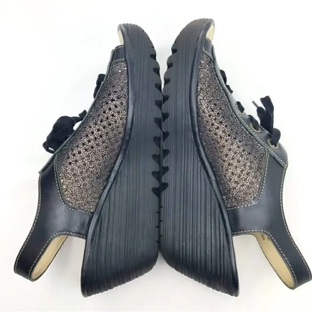 Fly London Black Metallic Perforated Leather Slingback Lace Up Chunky Wedges